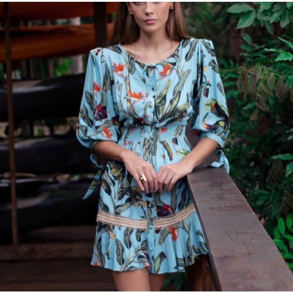 Patbo Resort 2020 Padded Shoulder‎ Tropical Print Shirtdress US 4
